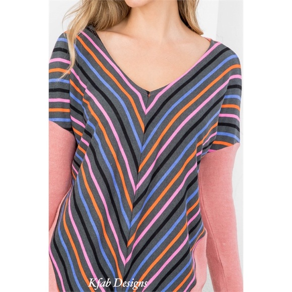 ❤️LAST ONE! Luxe V Neck Pink Color Block Soft Multi Color Striped Tie Front Top! - Picture 5 of 6
